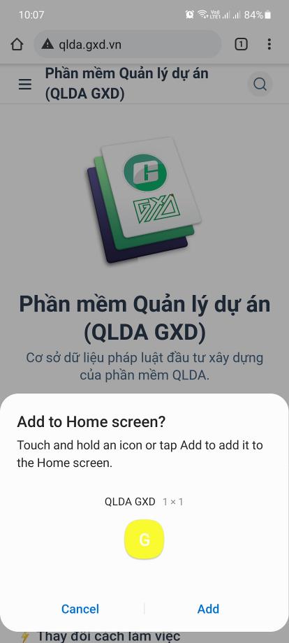 Bấm add để thêm qlda.gxd.vn vào màn hình chính