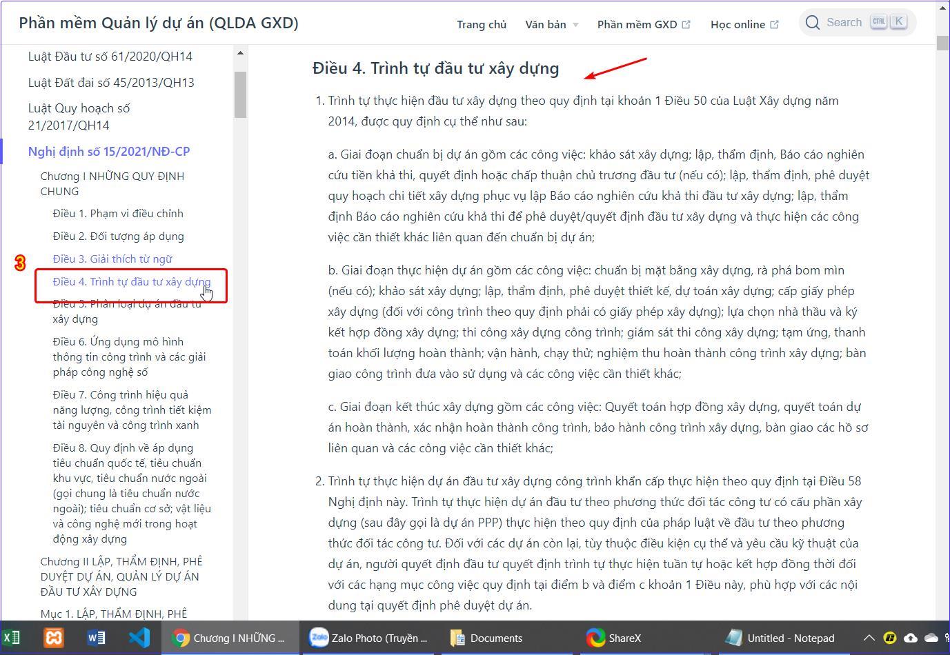 Kích vào Điều 4 trình tự đầu tư xây dựng sẽ hiện ra ngay